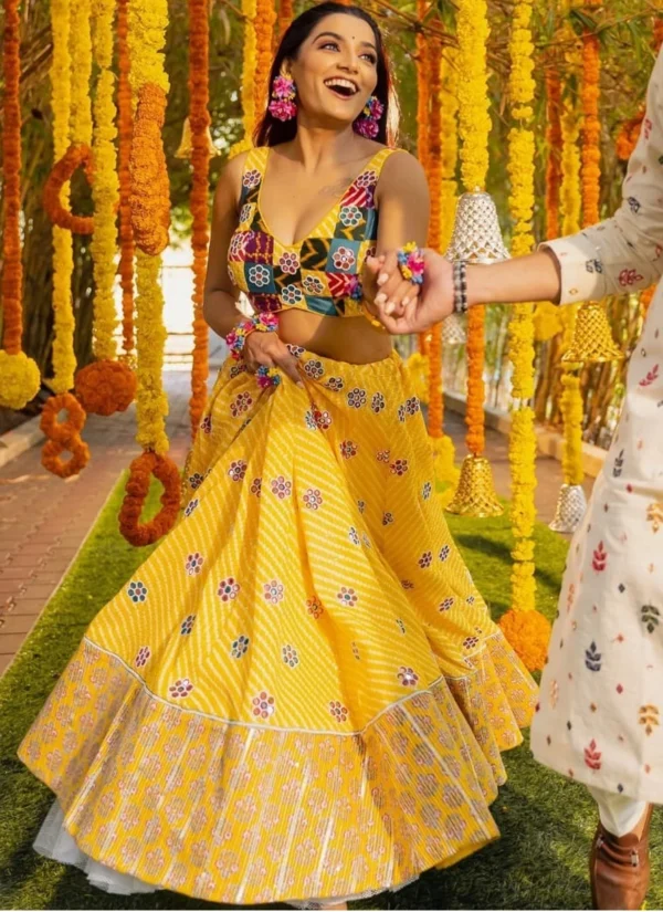 Digital Printed Butter Silk Yellow Lehenga Choli