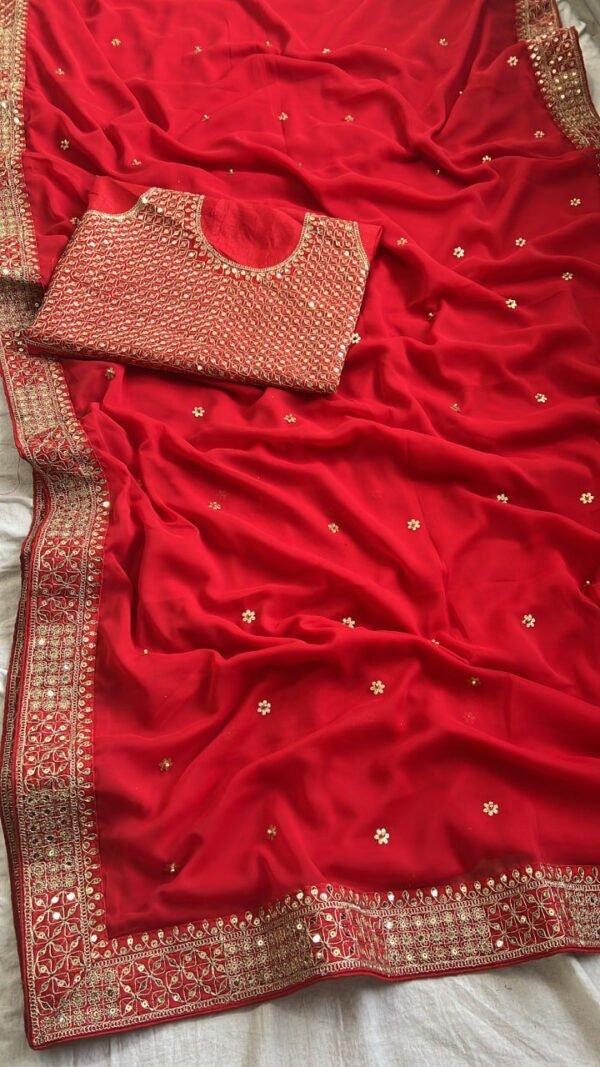 Designer Georgette Red Saree - Image 3