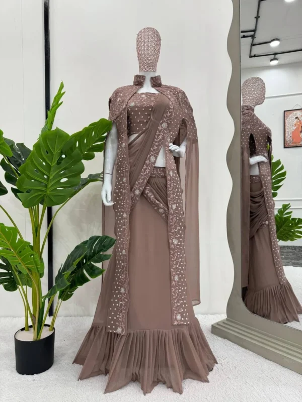 Wedding Wear Georgette Brown Lehenga Saree