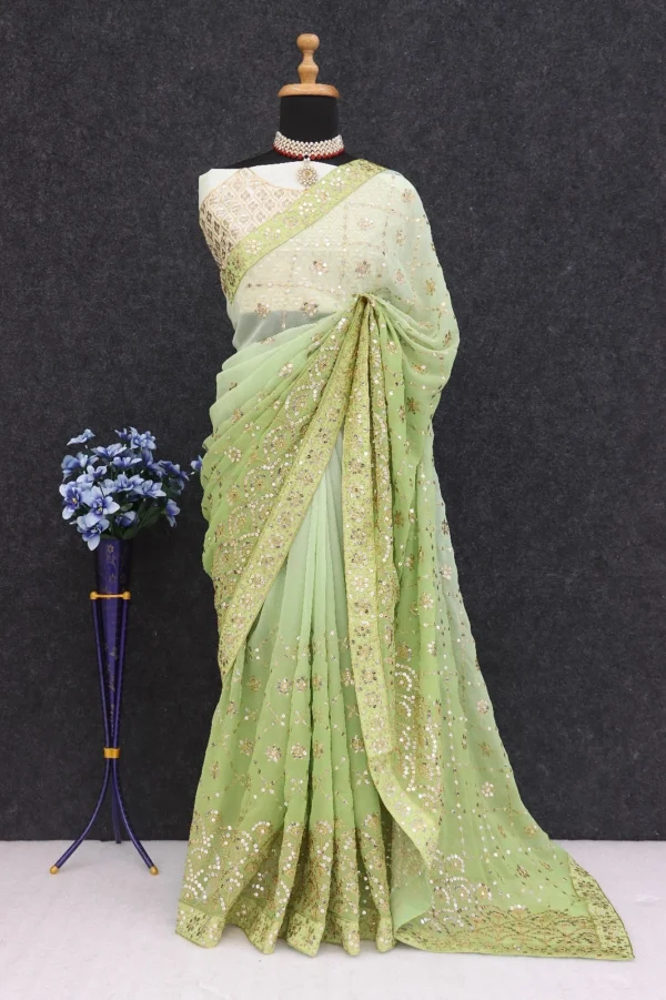 Designer Party Wear Georgette Green Saree - Image 4