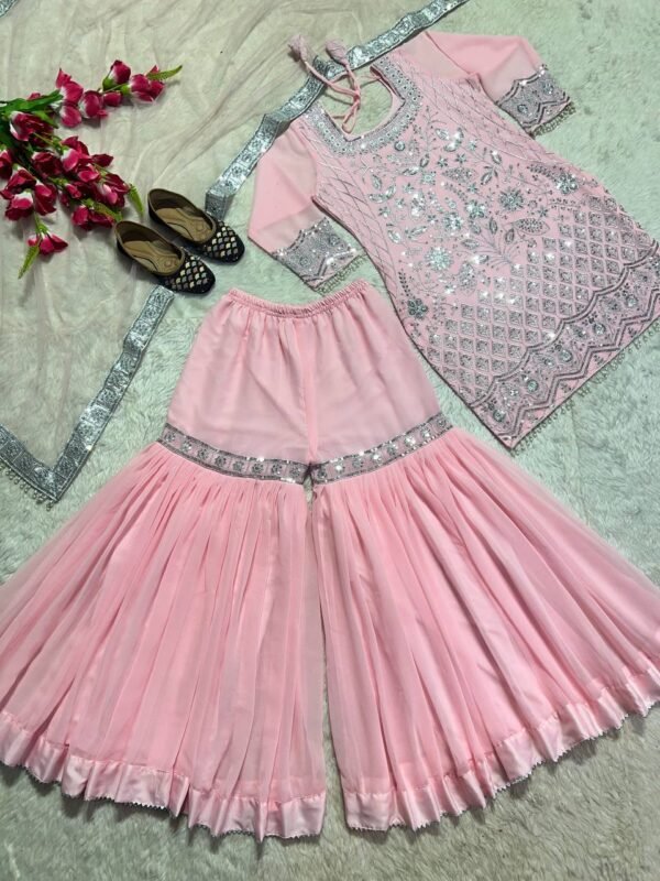 Party Wear Embroidery Baby Pink Plazza Suit - Image 3