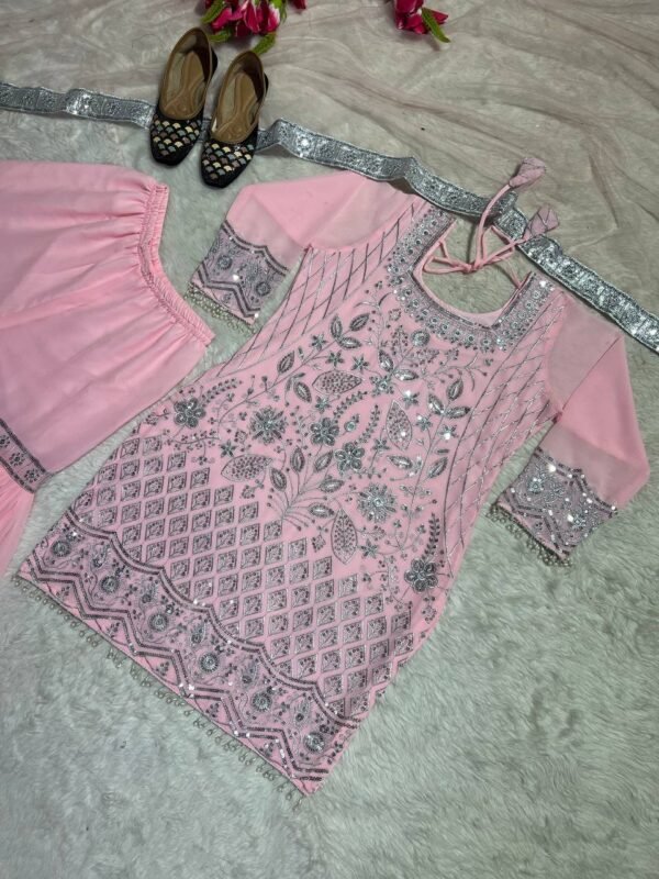 Party Wear Embroidery Baby Pink Plazza Suit - Image 4