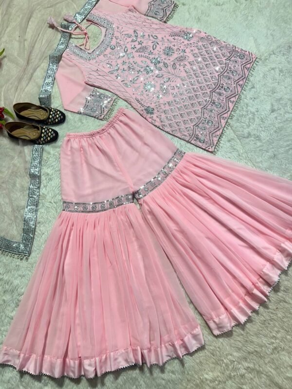 Party Wear Embroidery Baby Pink Plazza Suit - Image 5