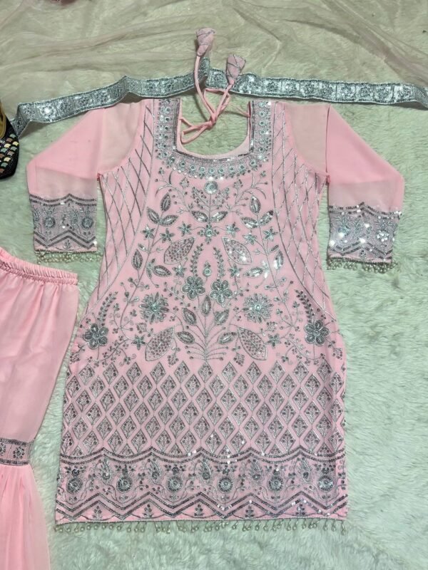 Party Wear Embroidery Baby Pink Plazza Suit - Image 6