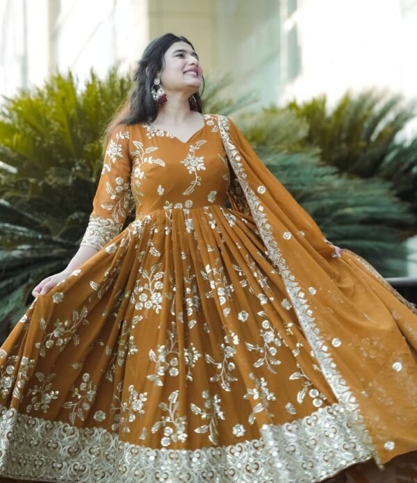 Georgette Anarkali Mustard Gown Set