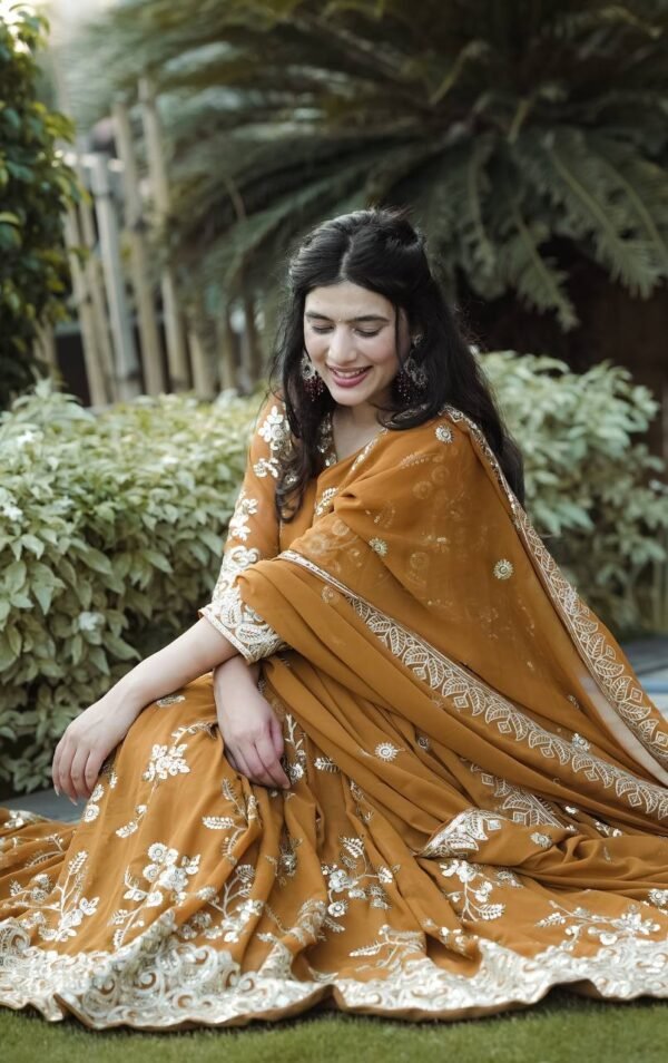 Georgette Anarkali Mustard Gown Set - Image 3