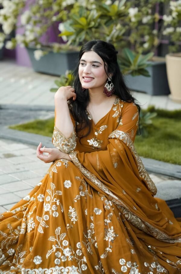 Georgette Anarkali Mustard Gown Set - Image 4