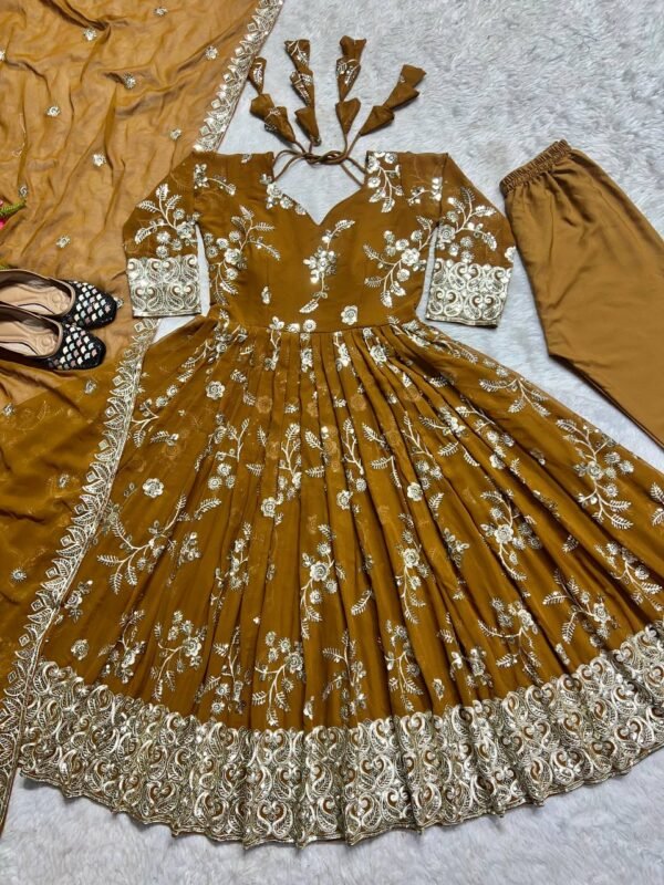 Georgette Anarkali Mustard Gown Set - Image 6