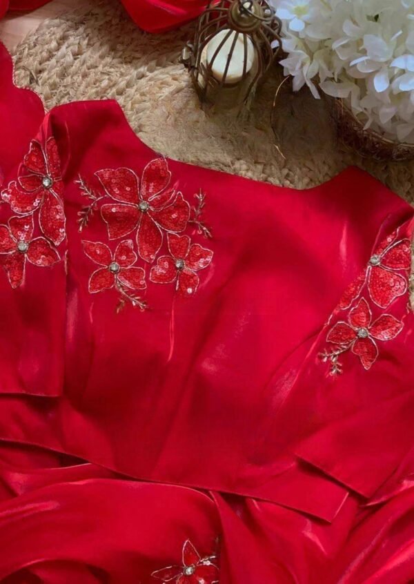 Wedding Wear Jimi Chu Red Saree - Image 3