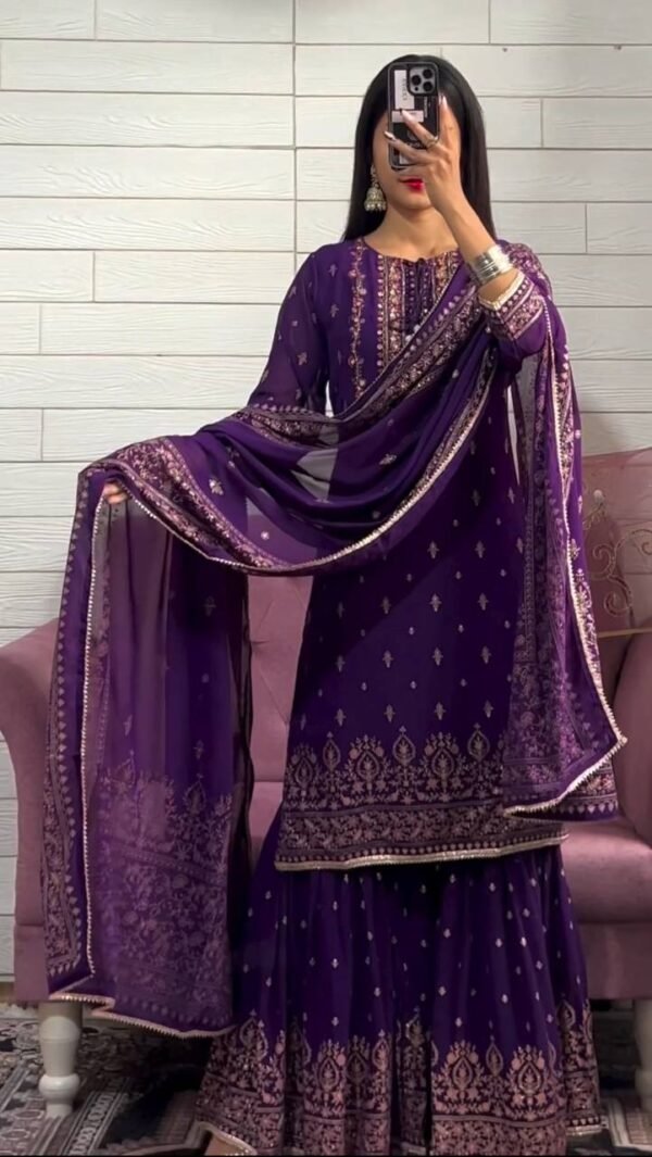 Party Wear Chinon Silk Purple Sharara Set