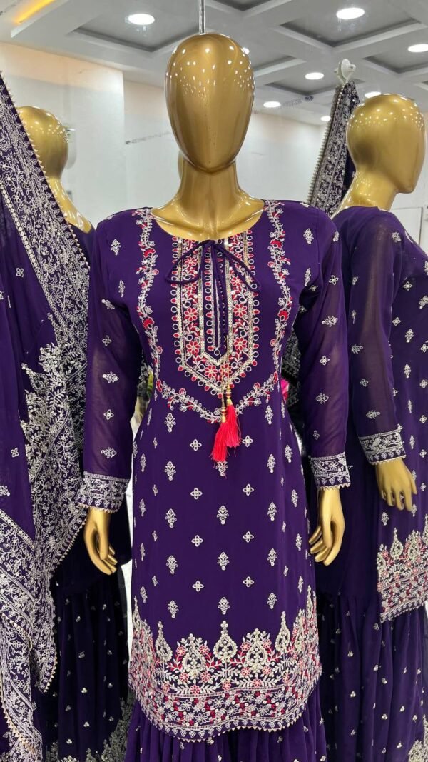 Party Wear Chinon Silk Purple Sharara Set - Image 2