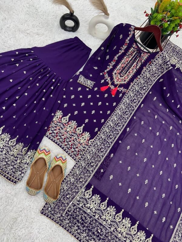 Party Wear Chinon Silk Purple Sharara Set - Image 3