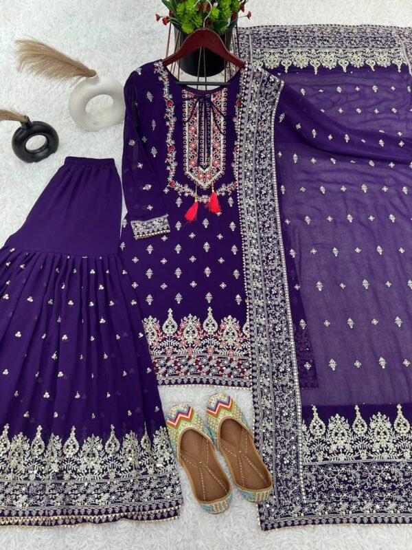 Party Wear Chinon Silk Purple Sharara Set - Image 4