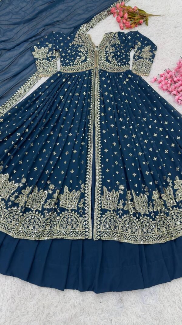 Party Wear Georgette Navy Blue Lehenga Choli - Image 5