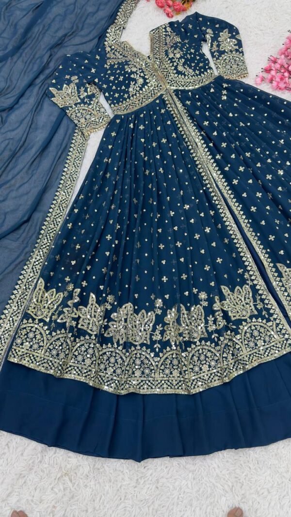 Party Wear Georgette Navy Blue Lehenga Choli - Image 6