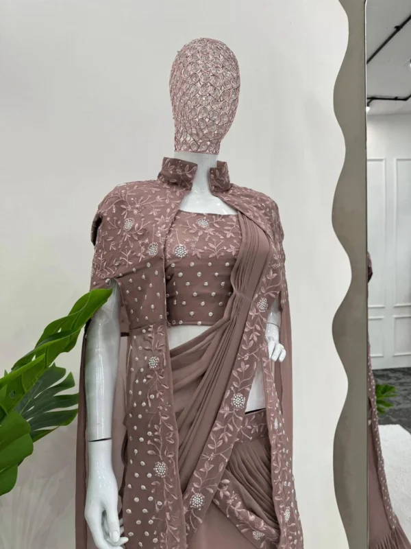 Wedding Wear Georgette Brown Lehenga Saree - Image 3