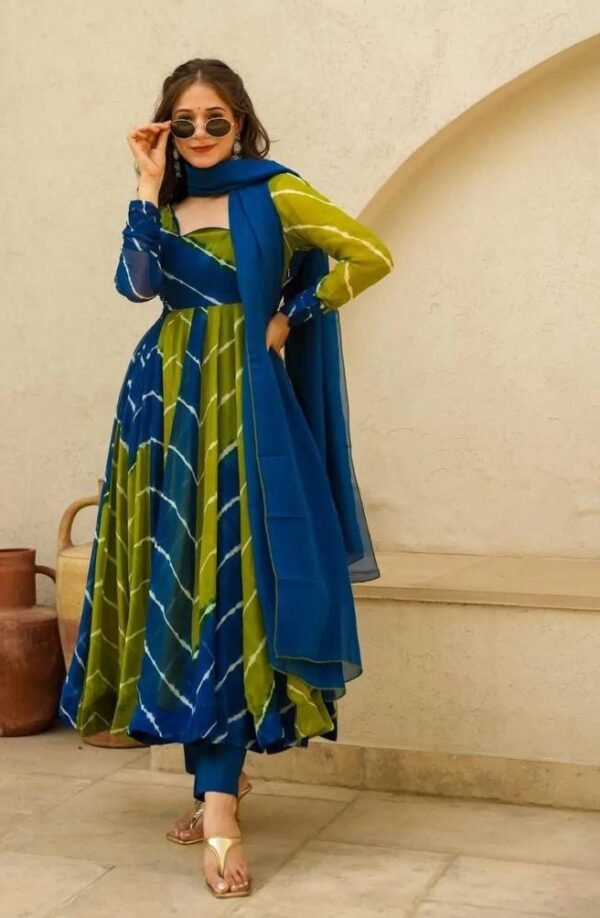 Designer Orgecza Green & Blue Gown Set - Image 2