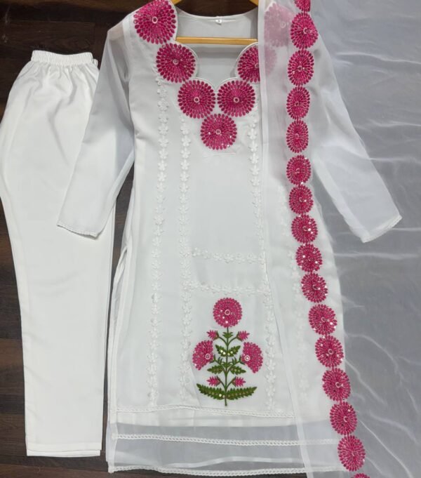 Faux Georgette Embroidery White Kurta Set - Image 3