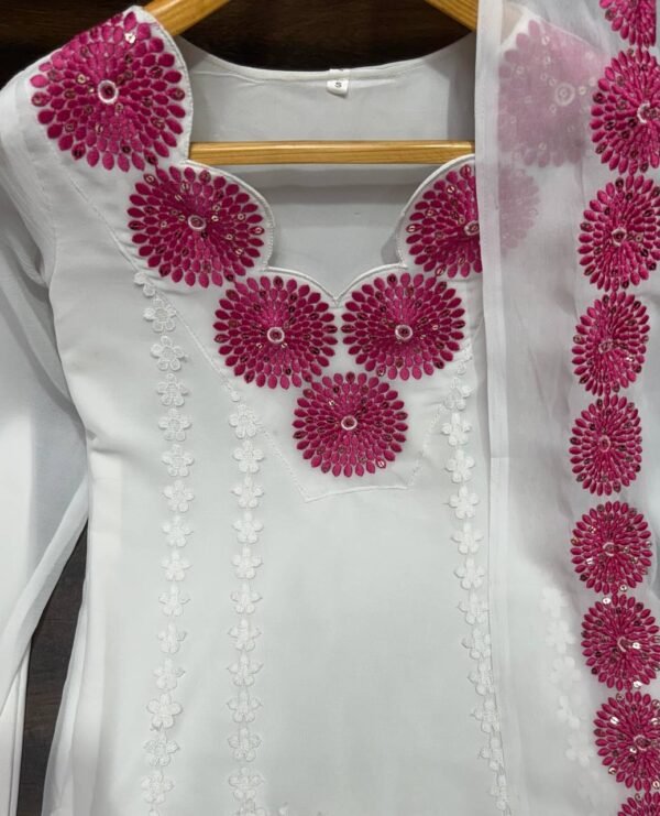 Faux Georgette Embroidery White Kurta Set - Image 4