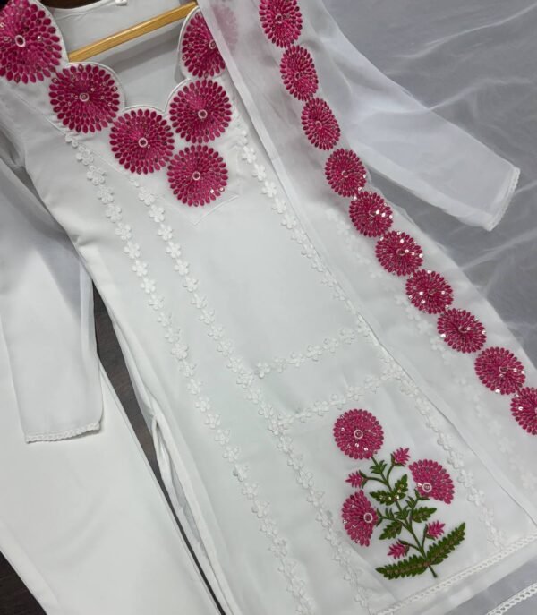 Faux Georgette Embroidery White Kurta Set - Image 5