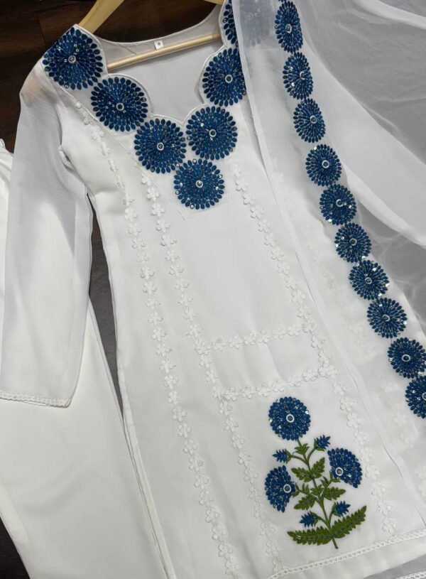 Faux Georgette Embroidery Blue Kurta Set - Image 4